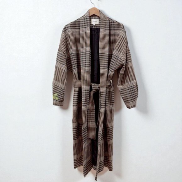 NWT J.ING Jing Brown Plaid Checker Print Coat Jacket with Tie - Picture 8 of 10